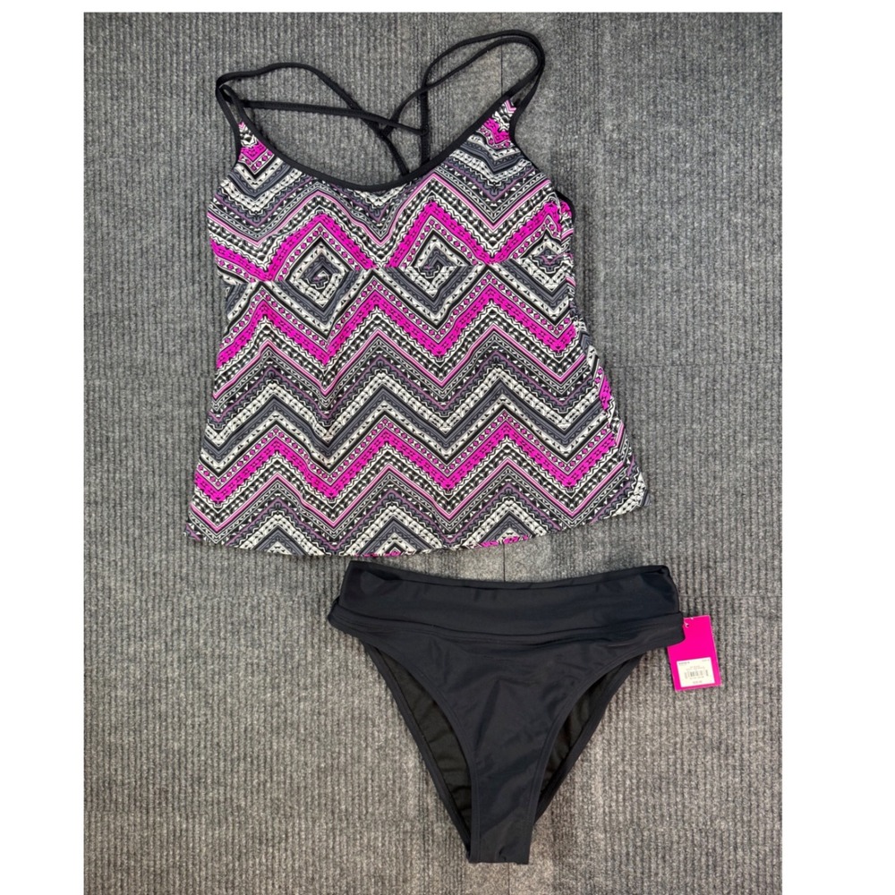 Mossimo SO Women Pink Black Geometric Chevron Tankini Top Bikini Bottom Set M